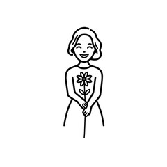 Black and white vector illustration of a beautiful woman holding a flower, minimal clean line art style