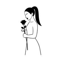 Black and white vector illustration of a beautiful woman holding a flower, minimal clean line art style