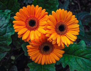 Closeup of Three Orange Gerbera Daisies.