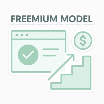 Digital representation of freemium model showcasing user engagement growth through a checkmark, dollar symbol, and ascending graph depicting revenue strategies in business technology