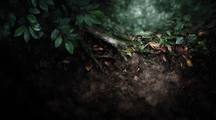 Close up of tangled tree roots and fallen leaves on a dark forest floor with d d light