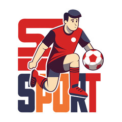 Cartoon soccer player dribbling ball in front of text