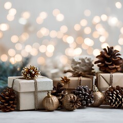 Festive gifts and pinecones with bokeh lights create a holiday scene