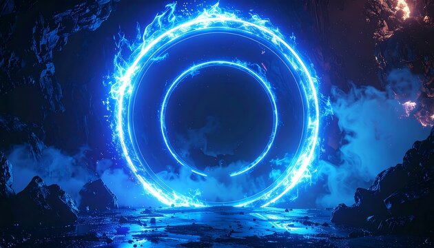 Glowing blue ring of fire in dark cave - Powered by Adobe