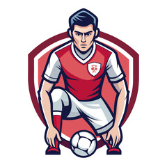 Focused soccer player crouches with ball in cartoon style