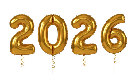 Isolated golden foil balloons spelling 2026, shimmering inflatable digits for festive decor