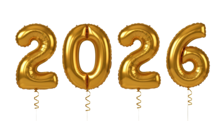 Isolated golden foil balloons spelling 2026, shimmering inflatable digits for festive decor
