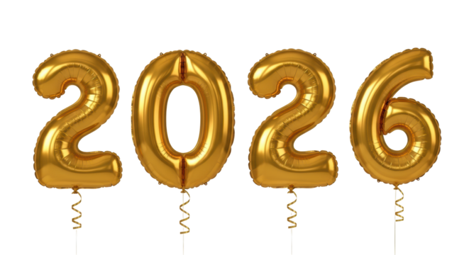 Isolated golden foil balloons spelling 2026, shimmering inflatable digits for festive decor