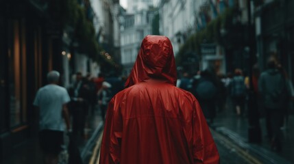Obraz premium A person in a red raincoat walks through a busy, rainy city street surrounded by blurred crowds and urban buildings