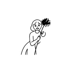 Black and white vector illustration of a beautiful woman holding a flower, minimal clean line art style
