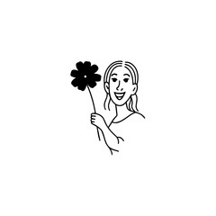 Black and white vector illustration of a beautiful woman holding a flower, minimal clean line art style
