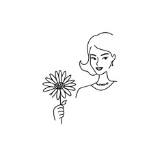 Black and white vector illustration of a beautiful woman holding a flower, minimal clean line art style
