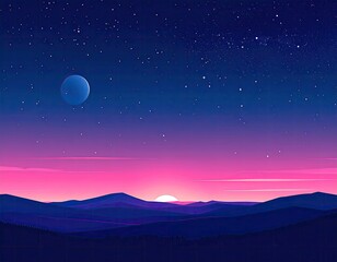 Fototapeta premium Night sky, pink sunrise, mountains