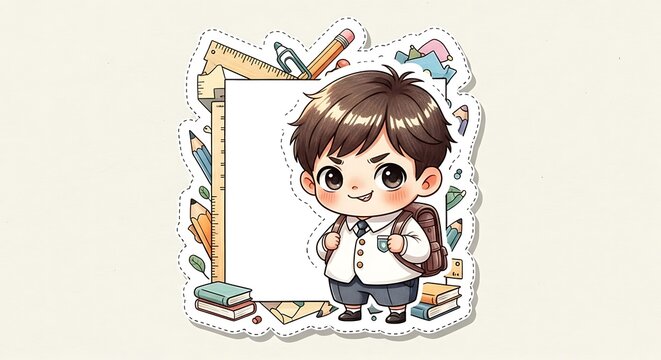 Cute Cartoon Boy with School Supplies in Illustrated Frame