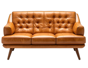 Three-seat tan leather sofa with tufted back