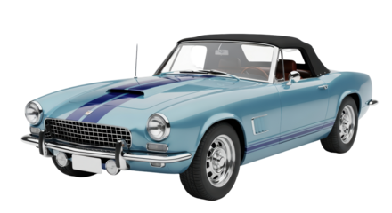 Isolated, light-blue vintage convertible car with blue stripes, studio shot, no background