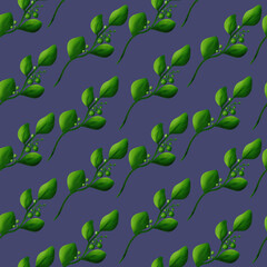 Beautiful green branch with leaves on gray background, seamless floral botanical pattern. Digital watercolor hand drawn. For fabric, textiles, wrappers, covers, women, girls, accessories, gifts