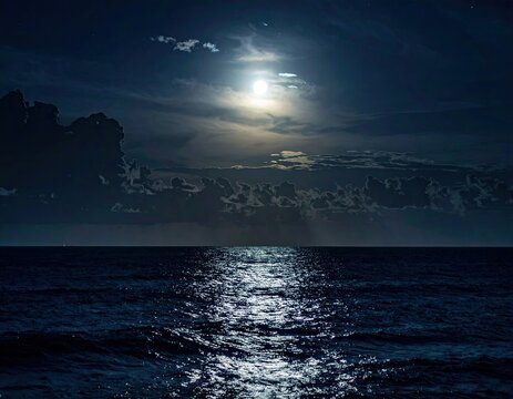 Night sea, moonlit sky, dark clouds, calm waves