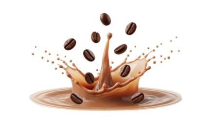 Isolated image of coffee beans falling into liquid creating splash on neutral backdrop