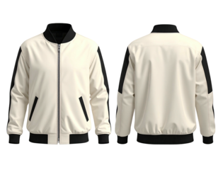 Cream bomber jacket, front and back views, black accents