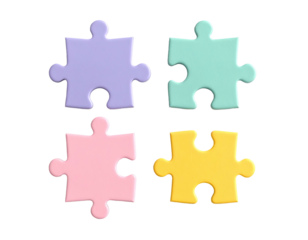 Four pastel-colored puzzle pieces arranged in a grid pattern on a black background.  Each piece has a distinct pastel color
