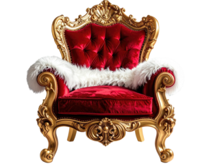 Ornate red velvet throne chair with white fur accents