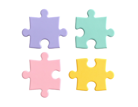 Four pastel-colored puzzle pieces arranged in a grid pattern on a black background.  Each piece has a distinct pastel color