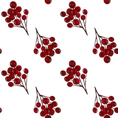 Beautiful red juicy berries on a branch, floral seamless pattern. Watercolor hand drawn illustration. For fabric, textiles, wrappers, covers, prints, office, holidays, decoration, gifts