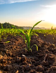 Fresh corn seedling in rich soil at sunrise