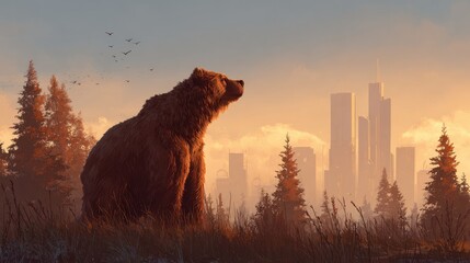 A bear with an urban cityscape behind it.