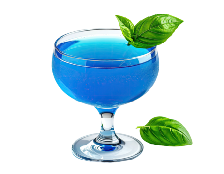 Vibrant blue cocktail in a stemmed glass, garnished with fresh basil leaves (1)