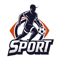 Dynamic sports logo featuring soccer player with bold typography