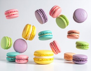 Obraz premium Colorful macarons in mid-air against a plain background