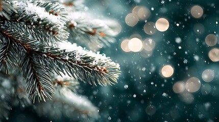 A frosted evergreen branch with shimmering bokeh during a gentle snowfall