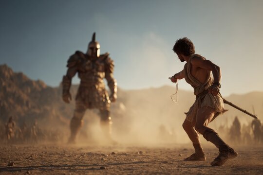 David throwing a stone at Goliath.