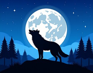Wildlife wolf landscape vector illustration. Silhouette of wolf howling at full moon