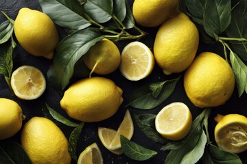 Fresh yellow lemons with green leaves, some whole and some cut, arranged on a dark background