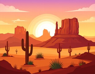 Desert landscape of canyon scenery with cactus and butte. Panoramic view of wild west