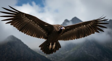 Fototapeta premium Powerful Brown Vulture Flying with Open Wings Over Mountain Landscape