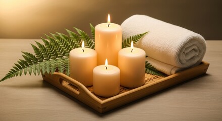 Glowing Candles with Rolled Towel on Wooden Tray Still Life