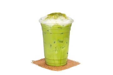 Ice matcha latte served with milk foam and matcha green tea powder topping put on white background with isolated style.