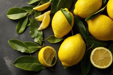 Fresh whole lemons, lemon slices, and green leaves arranged on a dark textured surface