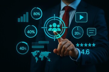 Businessman interacting with futuristic digital interface targeting customer data and business analytics