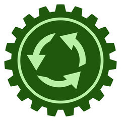 Green gear with internal recycling arrows, symbolizing sustainable industrial processes, efficiency, circular economy, and environmental technology.