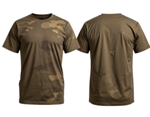 Front and back view of a camouflage t-shirt.  Two views,  tan/khaki camo pattern on a plain short sleeve shirt