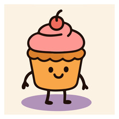 Cupcake Mascot with Cherry — Kawaii Bakery Dessert Icon, Cute Food Character (Vector)