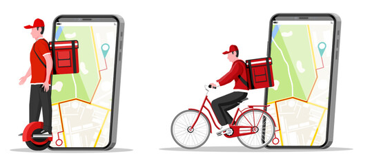 Delivery man on electric unicycle and bicycle with smartphone map. Delivery service concept for online order tracking. © absent84