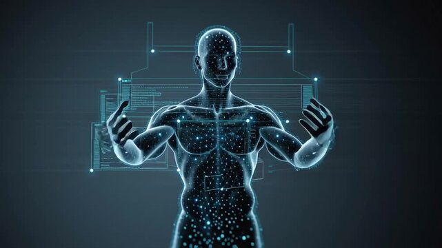 Futuristic digital human body with glowing blue lines and network, technology, artificial intelligence, science, innovation, health, anatomy