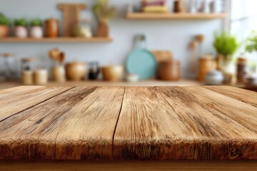Rustic Wooden Table Top Against Blurred Kitchen Background