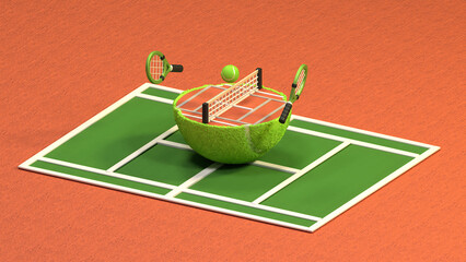 Surreal Tennis Court Half-Sphere Field with Rackets